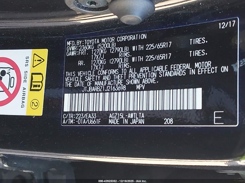 2018 Lexus Nx 300 VIN: JTJBARBZ1J2163698 Lot: 43925352