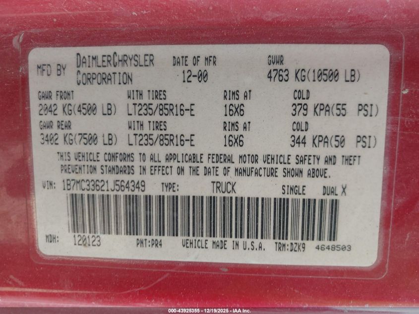 2001 Dodge Ram 3500 St VIN: 1B7MC33621J564349 Lot: 43925355