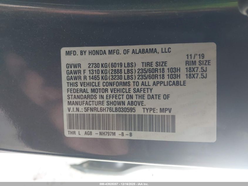2020 Honda Odyssey Ex-L/Ex-L W/Navi Res VIN: 5FNRL6H76LB030595 Lot: 43925357
