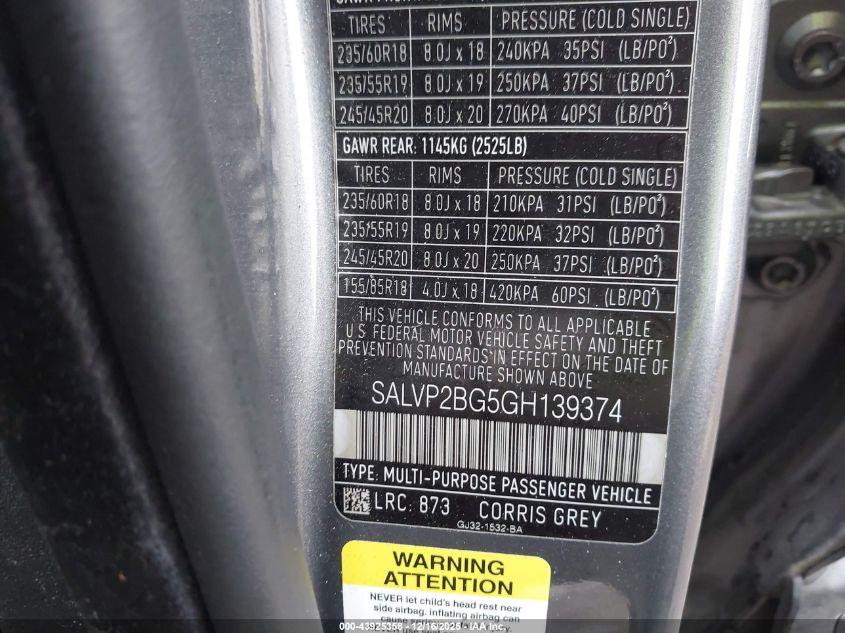 2016 Land Rover Range Rover Evoque Se/Se Premium VIN: SALVP2BG5GH139374 Lot: 43925358