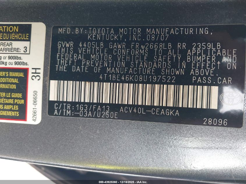 2008 Toyota Camry Xle VIN: 4T1BE46K08U197522 Lot: 43925360