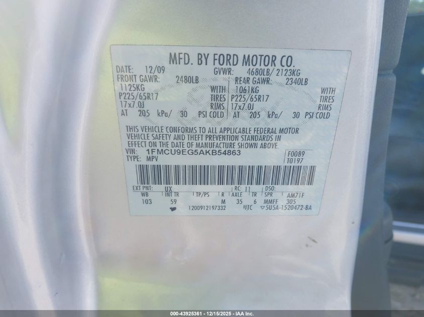 2010 Ford Escape Limited VIN: 1FMCU9EG5AKB54863 Lot: 43925361