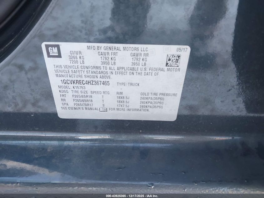 2017 Chevrolet Silverado 1500 2Lt VIN: 1GCVKREC4HZ367465 Lot: 43925365
