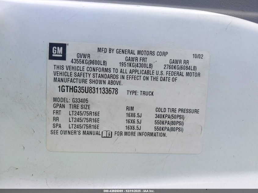 2003 GMC Savana Standard VIN: 1GTHG35U831133678 Lot: 43925369