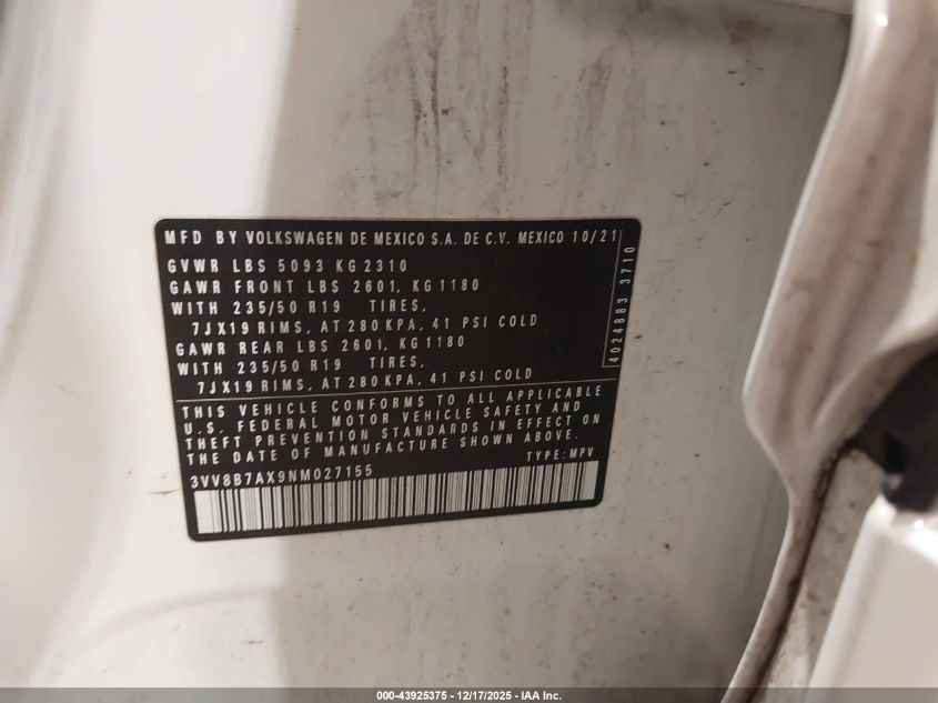 2022 Volkswagen Tiguan 2.0T Se R-Line Black VIN: 3VV8B7AX9NM027155 Lot: 43925375