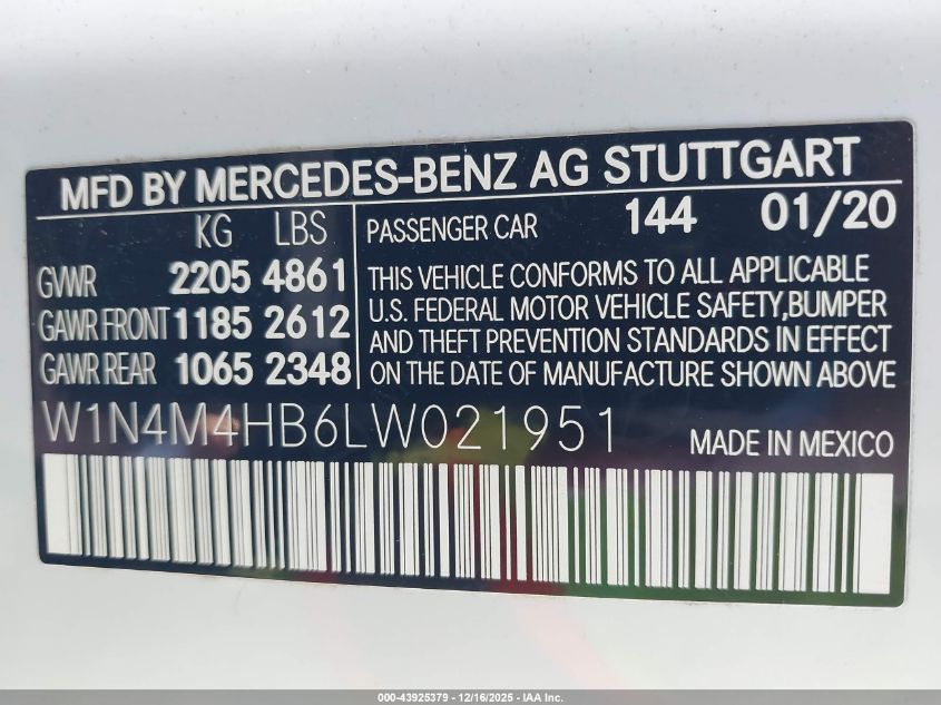 2020 Mercedes-Benz Glb 250 4Matic VIN: W1N4M4HB6LW021951 Lot: 43925379