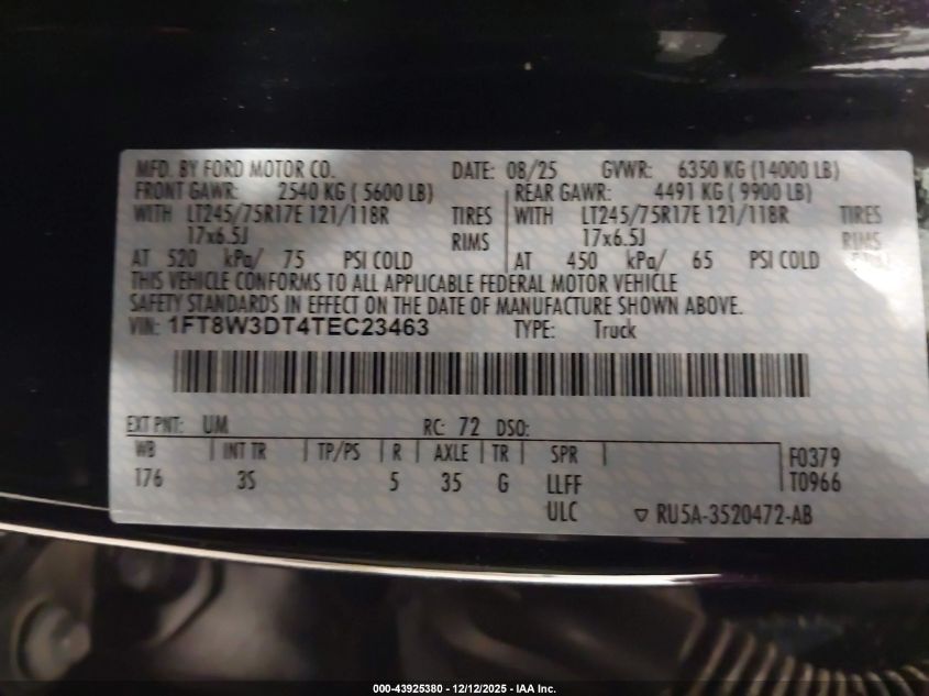 2026 Ford F-350 Xlt VIN: 1FT8W3DT4TEC23463 Lot: 43925380