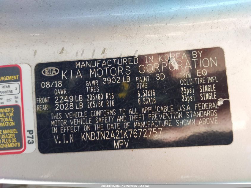 2019 Kia Soul VIN: KNDJN2A21K7672757 Lot: 43925384