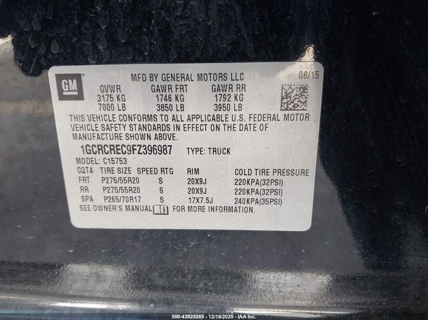 2015 Chevrolet Silverado 1500 1Lt VIN: 1GCRCREC9FZ396987 Lot: 43925389