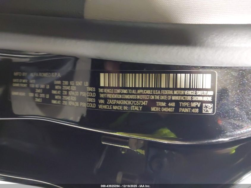 2019 Alfa Romeo Stelvio Ti Awd VIN: ZASPAKBN3K7C57347 Lot: 43925394