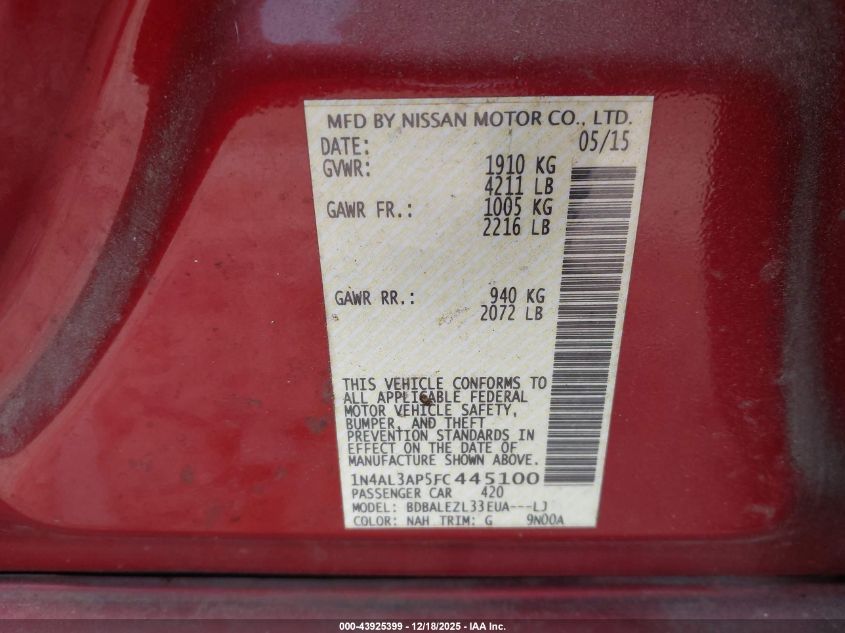 2015 Nissan Altima 2.5 S VIN: 1N4AL3AP5FC445100 Lot: 43925399