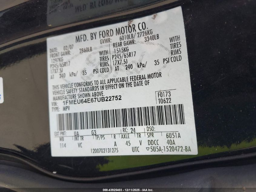 2007 Ford Explorer Eddie Bauer VIN: 1FMEU64E67UB22752 Lot: 43925403