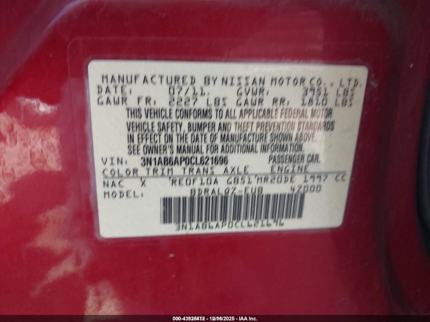 2012 Nissan Sentra 2.0 VIN: 3N1AB6AP0CL621696 Lot: 43925412