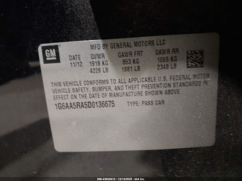 2013 Cadillac Ats Standard VIN: 1G6AA5RA5D0136675 Lot: 43925413