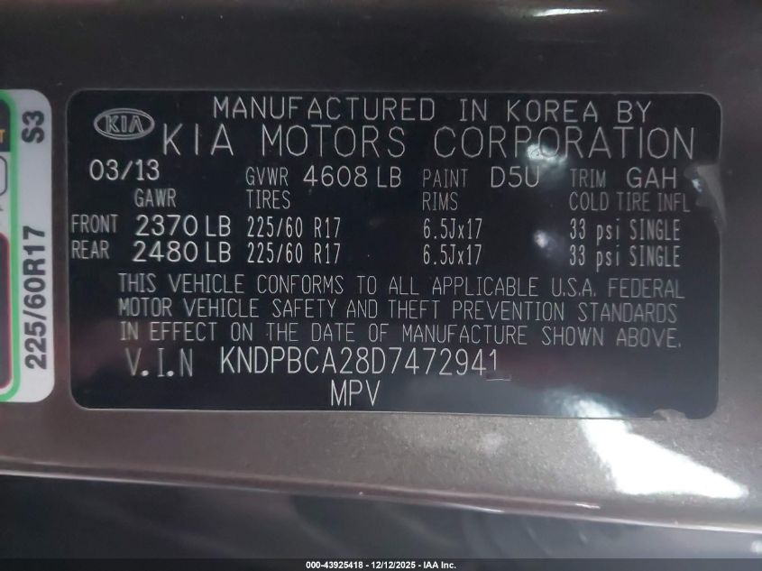 2013 Kia Sportage Lx VIN: KNDPBCA28D7472941 Lot: 43925418