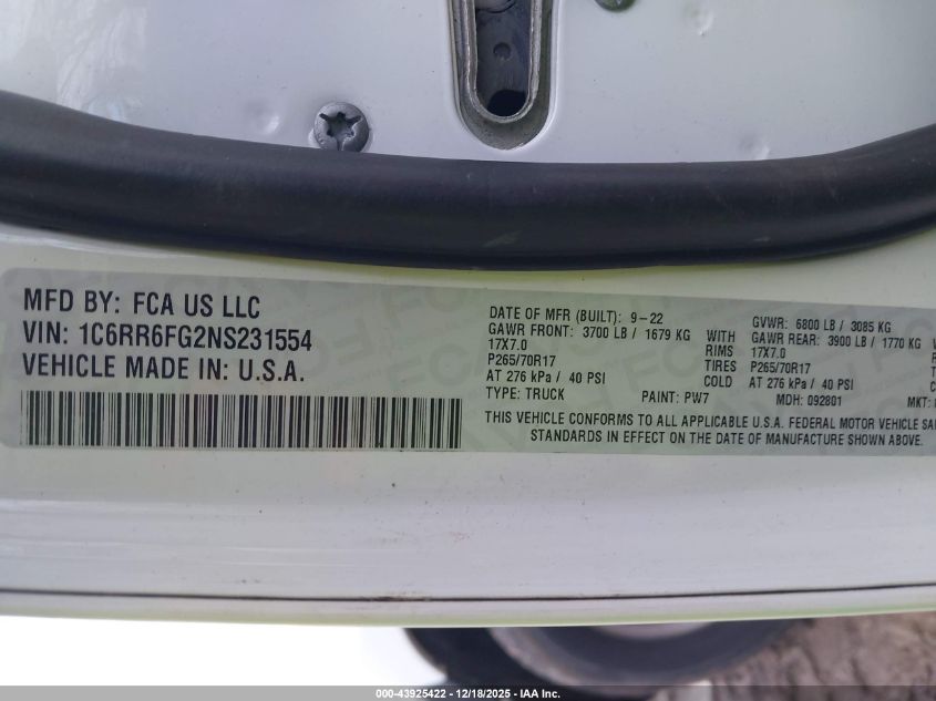 2022 Ram 1500 Classic Tradesman 4X2 6'4 Box VIN: 1C6RR6FG2NS231554 Lot: 43925422