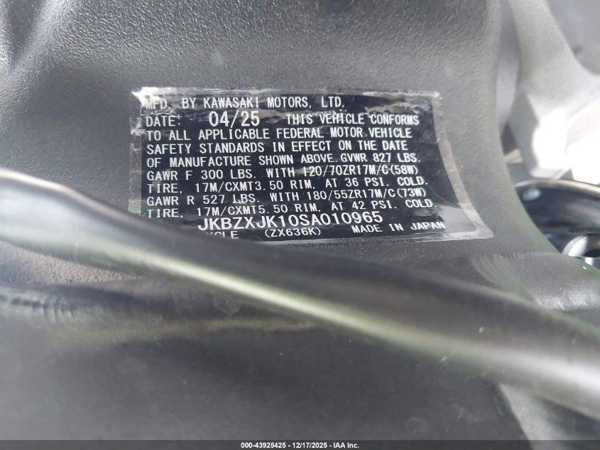 2025 Kawasaki Zx636 K VIN: JKBZXJK10SA010965 Lot: 43925425