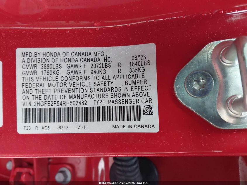 2024 Honda Civic Sport VIN: 2HGFE2F54RH502482 Lot: 43925427
