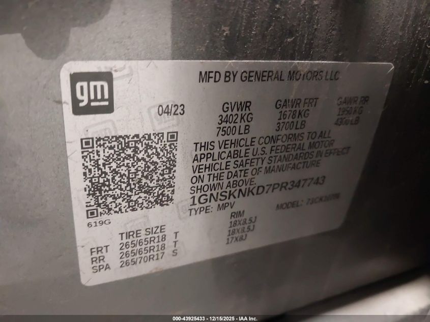 2023 Chevrolet Tahoe 4Wd Lt VIN: 1GNSKNKD7PR347743 Lot: 43925433