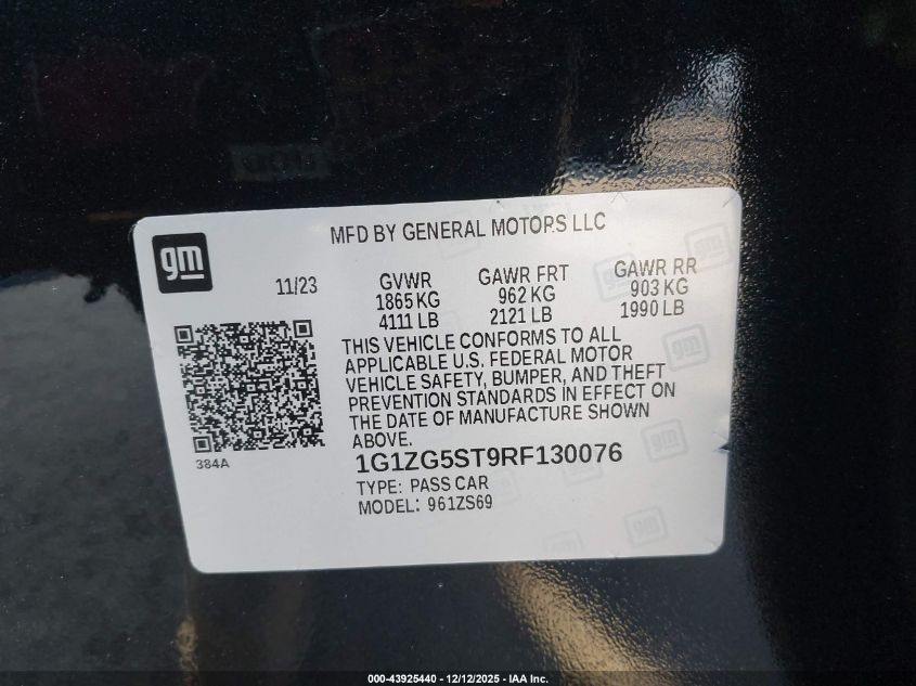 2024 Chevrolet Malibu Fwd Rs VIN: 1G1ZG5ST9RF130076 Lot: 43925440