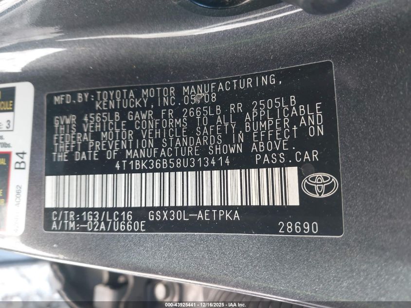 2008 Toyota Avalon Limited VIN: 4T1BK36B58U313414 Lot: 43925441