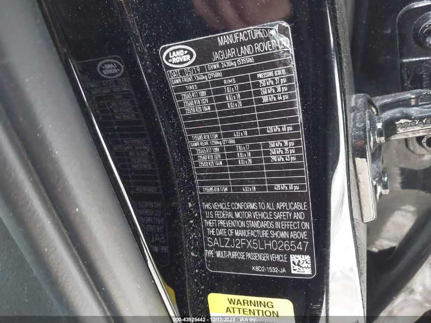 2020 Land Rover Range Rover Evoque S VIN: SALZJ2FX5LH026547 Lot: 43925442