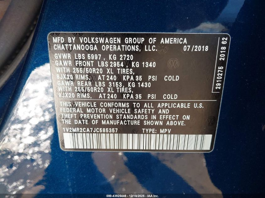 2018 Volkswagen Atlas 3.6L V6 Sel VIN: 1V2MR2CA7JC585357 Lot: 43925446