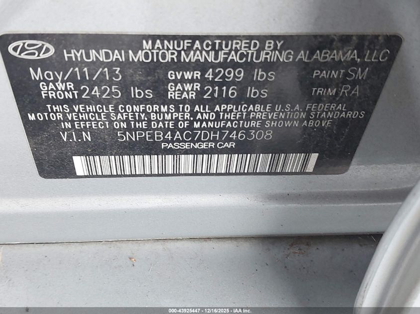 2013 Hyundai Sonata Gls VIN: 5NPEB4AC7DH746308 Lot: 43925447