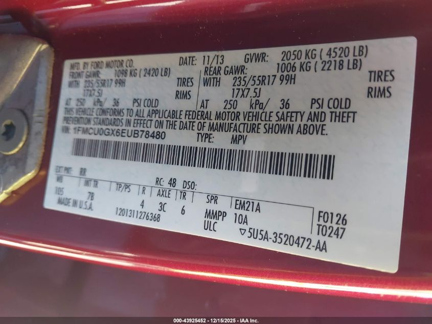 2014 Ford Escape Se VIN: 1FMCU0GX6EUB78480 Lot: 43925452