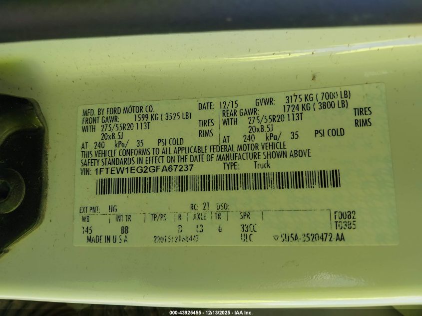 2016 Ford F-150 Platinum VIN: 1FTEW1EG2GFA67237 Lot: 43925455