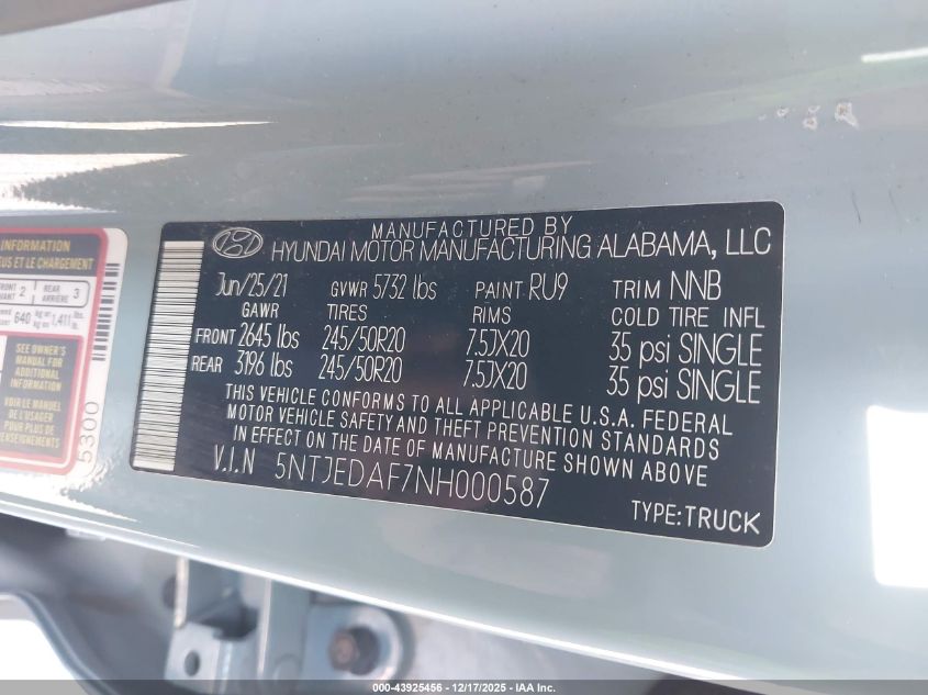 2022 Hyundai Santa Cruz Limited VIN: 5NTJEDAF7NH000587 Lot: 43925456