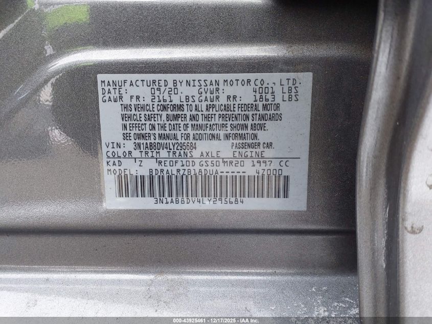 2020 Nissan Sentra Sr Xtronic Cvt VIN: 3N1AB8DV4LY295684 Lot: 43925461