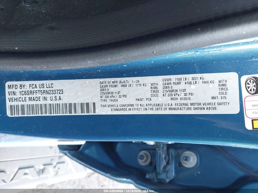 2024 Ram 1500 Big Horn 4X4 5'7 Box VIN: 1C6SRFFT5RN233723 Lot: 43925464