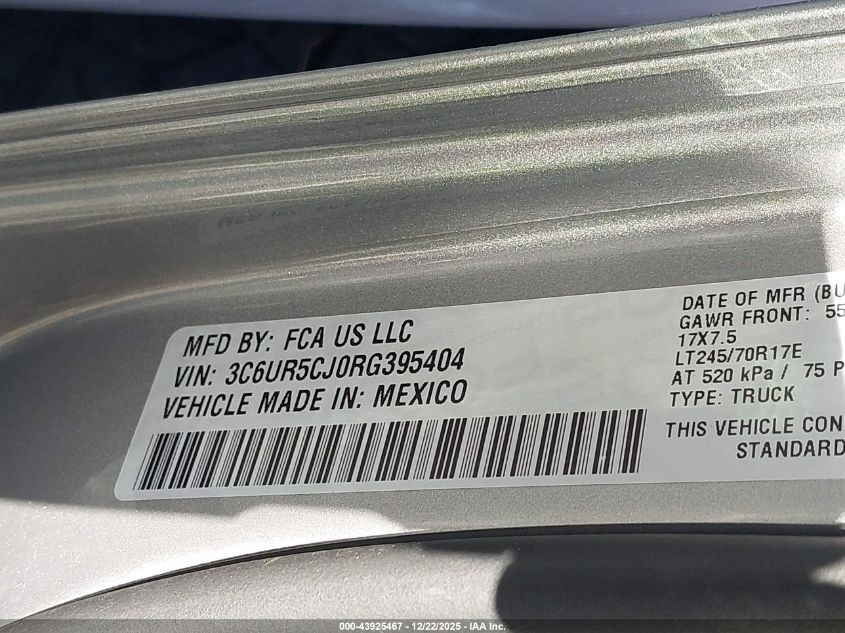 2024 Ram 2500 Tradesman 4X4 6'4 Box VIN: 3C6UR5CJ0RG395404 Lot: 43925467
