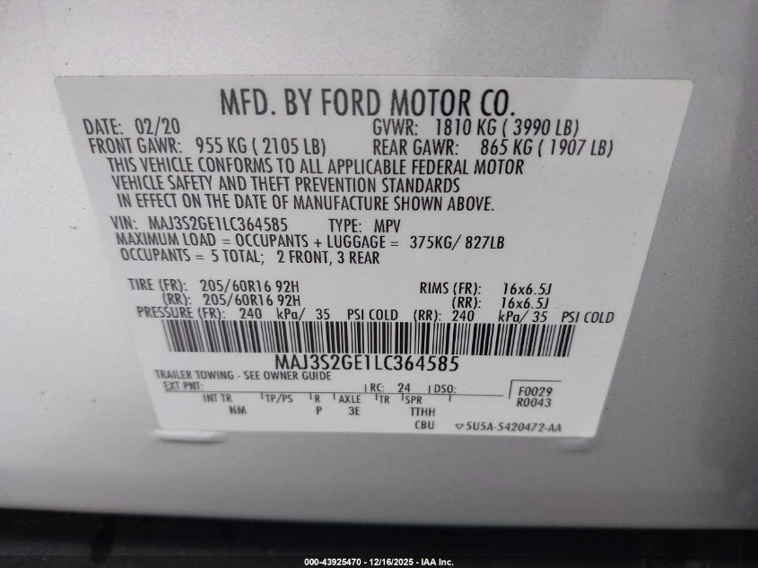 2020 Ford Ecosport Se VIN: MAJ3S2GE1LC364585 Lot: 43925470