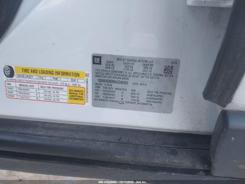 2017 Chevrolet Traverse 1Lt VIN: 1GNKVGKD8HJ242423 Lot: 43925482