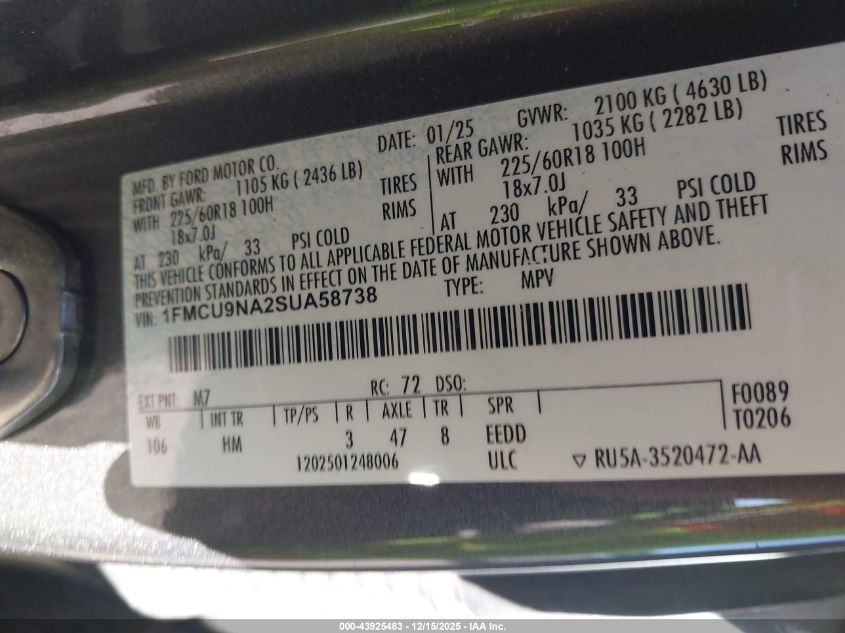 2025 Ford Escape St-Line Select VIN: 1FMCU9NA2SUA58738 Lot: 43925483