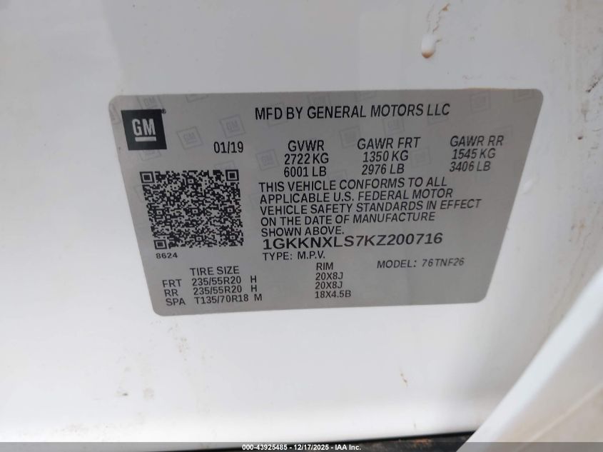 2019 GMC Acadia Denali VIN: 1GKKNXLS7KZ200716 Lot: 43925485