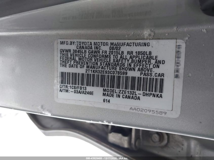 2003 Toyota Matrix Xr VIN: 2T1KR32E93C078599 Lot: 43925488