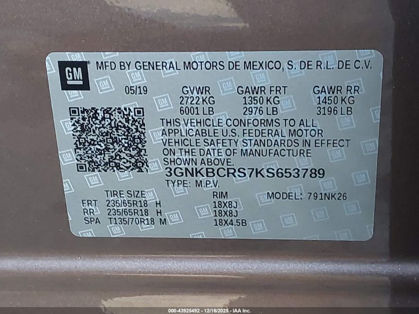 2019 Chevrolet Blazer VIN: 3GNKBCRS7KS653789 Lot: 43925492