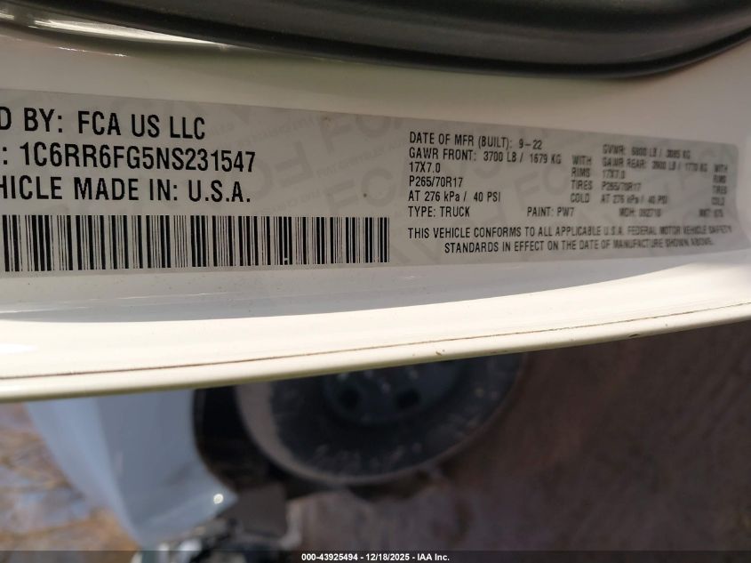 2022 Ram 1500 Classic Tradesman 4X2 6'4 Box VIN: 1C6RR6FG5NS231547 Lot: 43925494