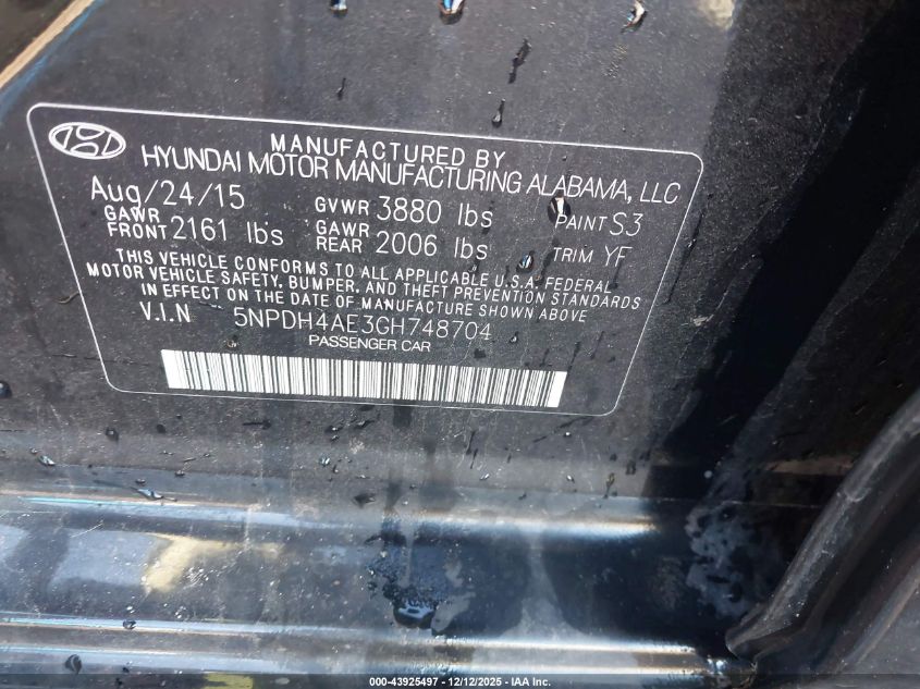 2016 Hyundai Elantra Se VIN: 5NPDH4AE3GH748704 Lot: 43925497