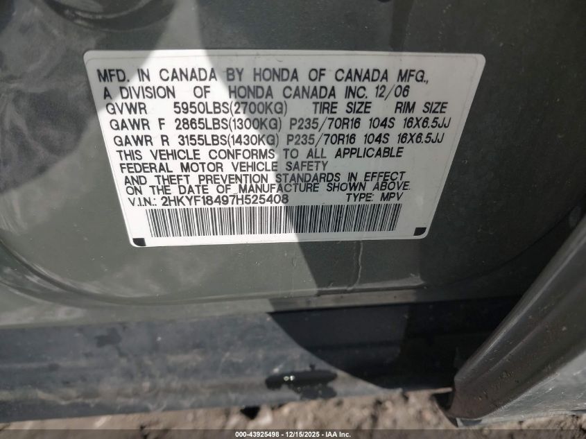 2007 Honda Pilot Ex VIN: 2HKYF18497H525408 Lot: 43925498