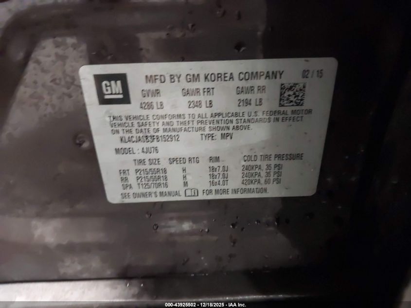 2015 Buick Encore VIN: KL4CJASB3FB152912 Lot: 43925502