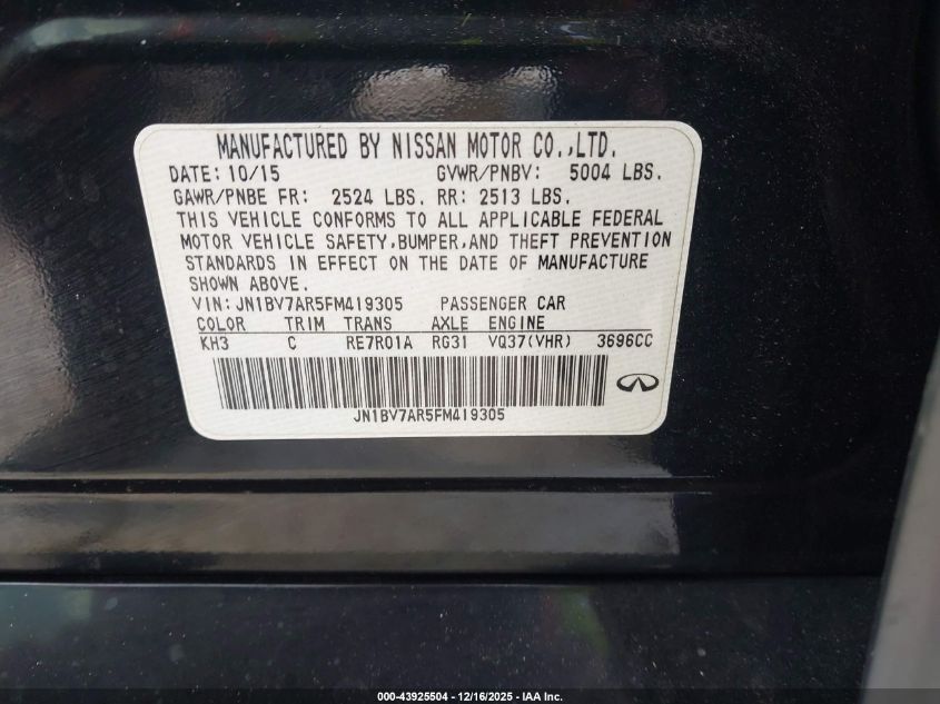 2015 Infiniti Q50 Premium VIN: JN1BV7AR5FM419305 Lot: 43925504