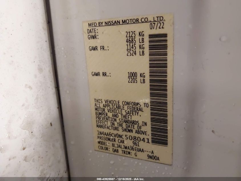 2022 Nissan Maxima Sv Xtronic Cvt VIN: 1N4AA6CV0NC508041 Lot: 43925507