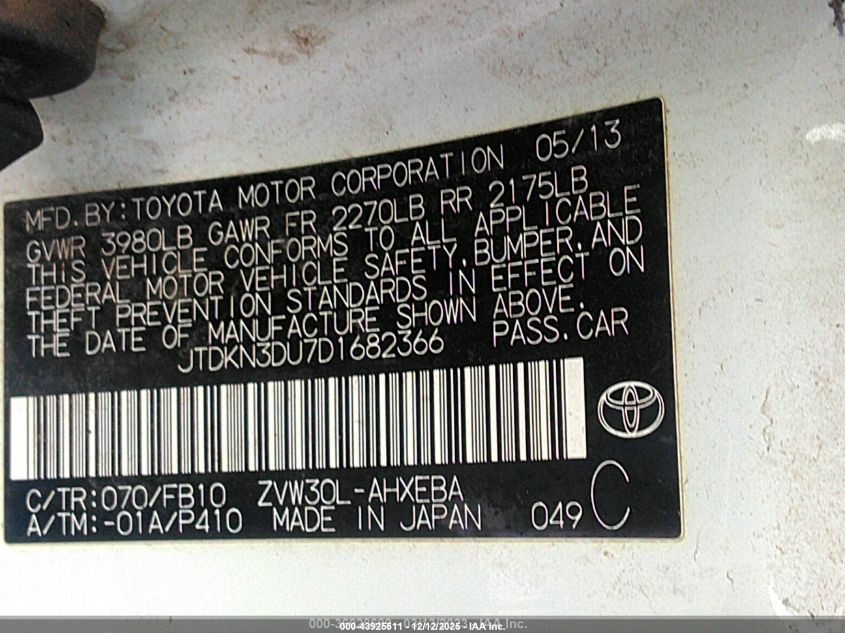 2013 Toyota Prius Three VIN: JTDKN3DU7D1682366 Lot: 43925511