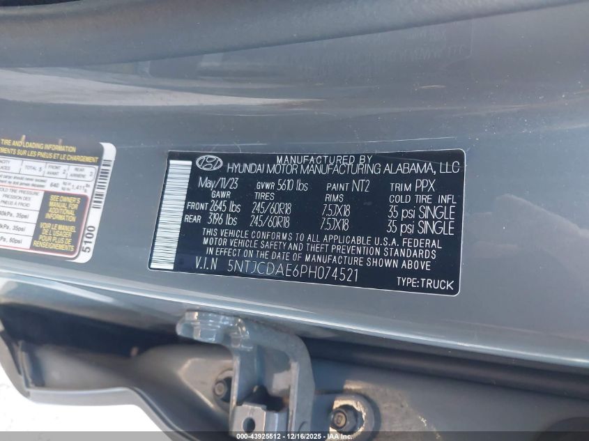 2023 Hyundai Santa Cruz Sel VIN: 5NTJCDAE6PH074521 Lot: 43925512