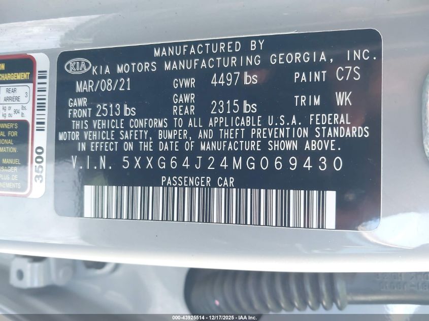 2021 Kia K5 Gt-Line VIN: 5XXG64J24MG069430 Lot: 43925514