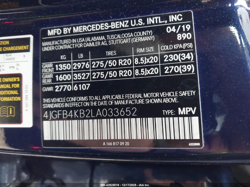 2020 Mercedes-Benz Gle 350 4Matic VIN: 4JGFB4KB2LA033652 Lot: 43925516